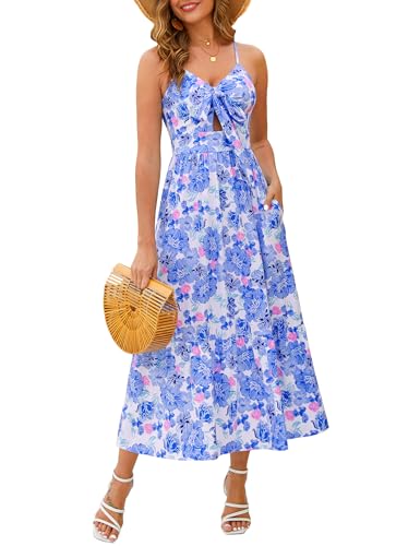 Kranda Women's Summer Sleeveless Casual Cocktail Party Maxi Wedding Beach Maxi Dress High Waist Ruffle Spaghetti Strap Sundress Tie Front V Neck Boho Casual Swing Long Dress with Pockets Blue XL