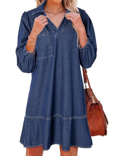 Dokotoo Denim Dress Women Fall Babydoll Mini Jean, Sail Blue, Small | 3/4 Sleeve, Collar Neck, Puff Sleeve, Daily Casual, Ladies Fashion Dresses, Flowy Western 2026
