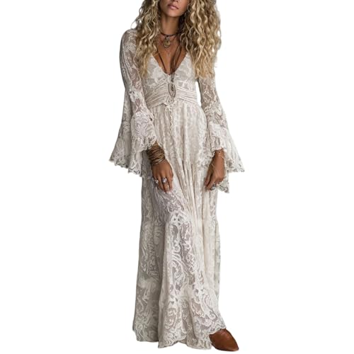 HGps8w Elegant Floral Lace Wedding Dress for Women Boho Bell Sleeve Sexy Deep V Cocktali Formal Evening Dresses