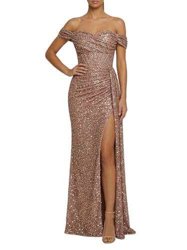Women's Off Shoulder Sequin Maxi Prom Dress Sweetheart Corset Formal Evening Gowns with Slit Rose Gold