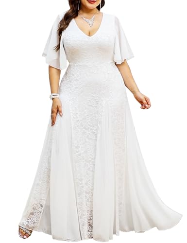 TIARALY Plus Size Formal Lace Dress Maxi V Neck A-line Chiffon Wedding Guest Prom Evening Gown Gala Elegant, White, 4X