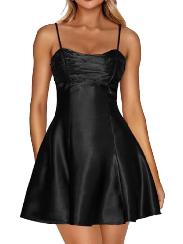 LAGSHIAN Women's Summer Satin Spaghetti Strap A-line Mini Dresses Bodycon Sleeveless Silky Night Out Short Dress Black
