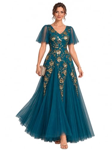 Ever-Pretty Women's Sequin Maxi V-Neck Formal Mother of the Bride Dresses | Ruffle, Stretchy, Short Sleeves, A-line, Evening Dress, Wedding Guest Dresses, Teal Blue US12