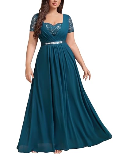 MISSMAY Women's Plus Sequins Lace Chiffon Prom Formal Maxi Dress Coral Blue