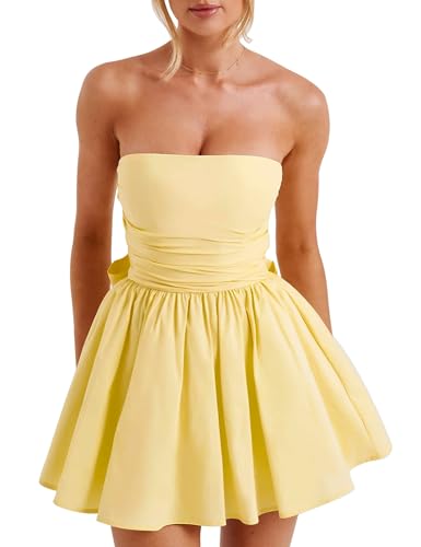 LuFeng Women's Strapless Mini Dress Ruched Sleeveless Off Shoulder A-Line Pleated Short Dress with Oversized Bow Yellow