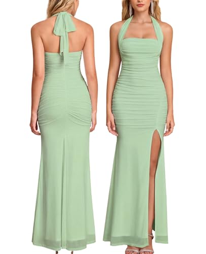 JKMNAO Women Halter Tie High Slit Wedding Guest Maxi Dress Sage