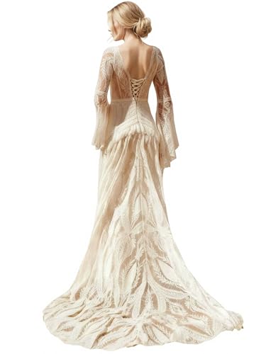 Lanbaodress Vintage Lace Boho Wedding Dresses for Bride 2026 Long Bell Sleeve Tassels V Neck Gardern Bridal Gown Nude Size 0