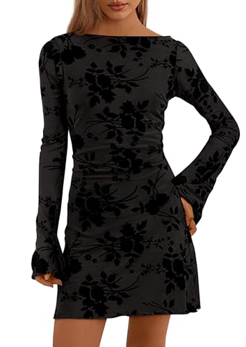 PRETTYGARDEN Women's Fall Floral Long Sleeve Mini Dress (Black,M) | Printed Sheer Mesh, Bell Sleeve Boat Neck, Bodycon Short Dresses, Party Date Night, Cute Casual Outfits, Fashion Clothing