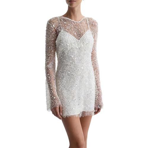 HGps8w Women's Sexy Glitter 2 Piece Dress Sets, Long Sleeve Mesh Sheer Sequin Coverups Cami Mini Party Cocktail Dresses