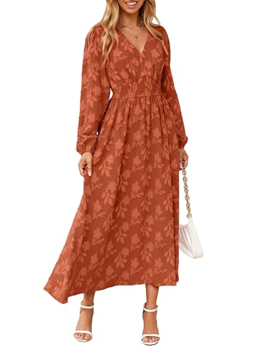 Simplee Womens Boho Floral Long Sleeve Maxi Dress V Neck Empire Waist Fall Wedding Guest Dresses with Pockets Orange XL