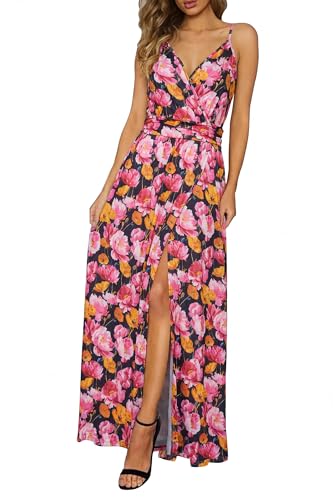 Newshows Women's Summer 2026 Dress V Neck Spaghetti Strap Beach Outfits Casual Floral Split Long Maxi Dress for Spring Wedding Guests(Black Pink Yellow Flower,XL)