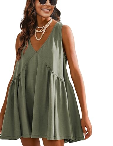 Athlisan Womens Summer Sleeveless Mini Dress Casual Loose V Neck Sundress with Pockets(GreyGreen-Large)
