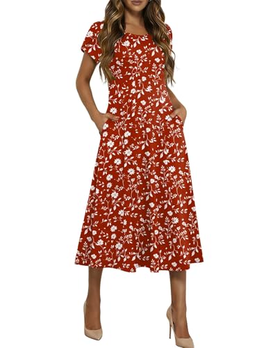 HOTOUCH Short Sleeve Summer Dresses for Women Boho Dresses 2026 Spring Dress Casual Midi Dress Floral Sundress with Pockets, Red Floral 01,L
