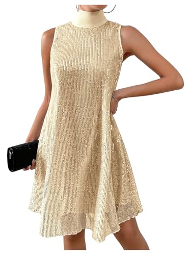 Floerns Women's Sequin Sleeveless Tank High Neck Bow Shiny Party Dress Gold