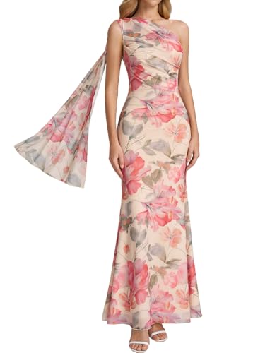 HTZMO One Shoulder Formal Wedding Guest Fall Long Dresses for Women Pink