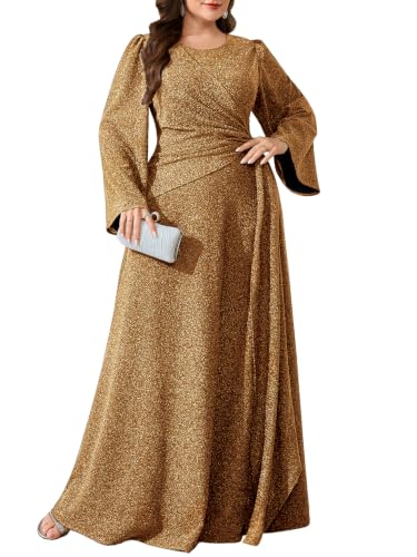 Plus Size Sparkly Evening Gown A-line Formal Dress Gala Prom Ball Gown, Gold, 3X