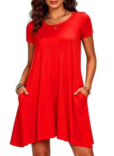 Afibi Women's Casual Loose Pockets Dress Casual Swing T-Shirt Dresses (Large, Red)
