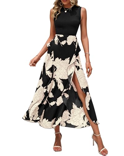 BTFBM Summer Dresses for Women Wedding Guest,White Floral Black,S | Boho Floral Print, Sleeveless, Crewneck, Ruffle Midi Dress For Cocktail, Graduation, Homecoming, Party, Casual Fall 2026