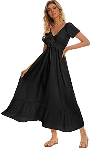 Sanmuzi Women's V Neck Smocked Boho Maxi Dress Summer 2025 Sexy Short Sleeve Empire Waist Flowy Swing Tered Ruffle Beach Midi Dress Solid-Black