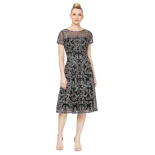 S.L. Fashions Women's Cap Sleeve Tea Length Cocktail Dress with Illusion Neckline, Wedding Guest (Petite and Regular Sizes), Black Ivory, 12P