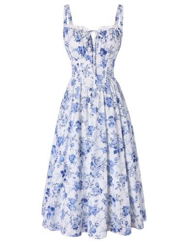 Women Floral Corset Dress Summer Milkmaid Sundress Indigo Vintage Bloom S