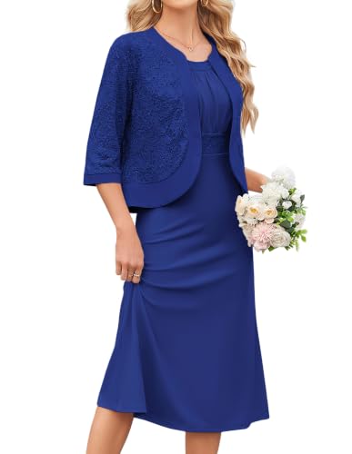 GRACE KARIN Women Lace Sequin Mother of the Bride Dress Royal Blue L | Two Piece,3/4 Sleeve,Tea Length,Crew Neck,Tank Dress,Lace Sequin Jacket,Spring Summer Fall Winter Prom Party Bridesmaid