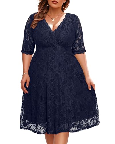 Women's Plus Size Wedding Guest Cocktail Party Semi Formal Navy Blue Dress