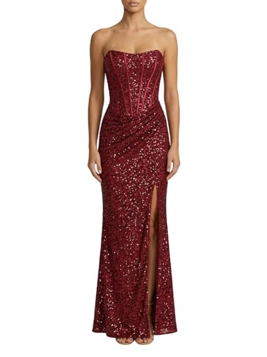 Women's Strapless Sequin Prom Dress Side Slit Mermaid Formal Evening Gown with Corset Lace Up Back Burgundy