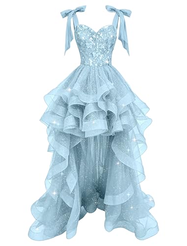 High-Low Sequin Applique Prom Dress for Women V Neck 3D Butterfly Sky Blue Long Homecoming Dresses for Teens Ruffle Tiered Sparkly Tulle Evening Gown with Bow