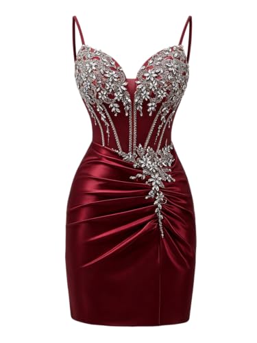 TMQRESS Wine Red Beaded Satin Homecoming Dress Spaghetti Strap Party Dress