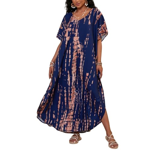 African Dresses for Women Mumus for Women with Pockets Vintage Daily Double Layer Bathing Suit Casual Lightweight Pleated Office Work Holiday Breathable Elastic Waist with Pockets Side Split Navy