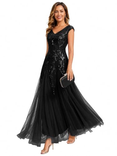 Ever-Pretty Women's Maxi Formal Gowns Sequin Mother of the Bride Dresses | V-Neck, Sleeveless, A-Line, Embroidery, High Stretch, Formal Wedding Guest Dresses, Black US14