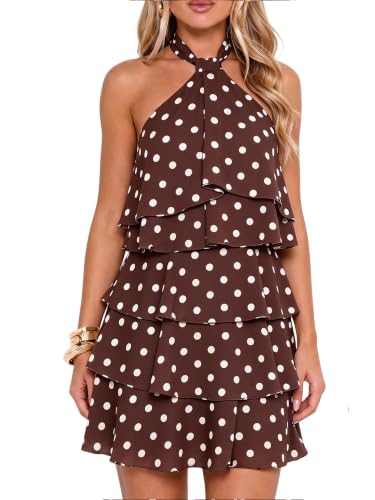 Women's Summer Boho Halter Ruffle Flowy Party Short Dress, S, Brown