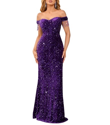 dasmzper Women Off Shoulder Sequin Evening Gown – Tassel Sleeve Formal Maxi Dress for Wedding, Prom Purple