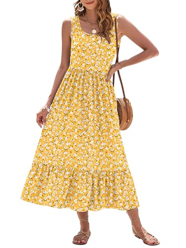 AUSELILY Womens Summer Dresses Floral Sleeveless Pockets, Yellow Flower L