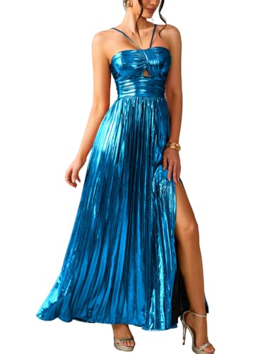 Kaei&Shi Womens Metallic Empire Waist Halter Maxi Dress Blue M