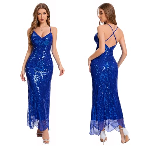 Women's V Neck Spaghetti Straps Sequin Sparkly Glitter Irregular Hem Prom Dress Backless Maxi Evening Gowns L Blue