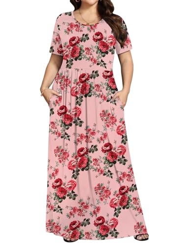 Womens Plus Size Maxi Dresses for Curvy Women Summer Short Sleeve Long Dress with Pockets 5XL Pink Rose