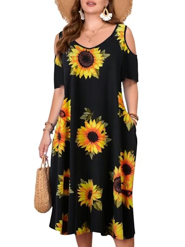 LARACE Plus Size Cold Shoulder Dress, Womens Midi Sundress (SunFlower7, 1X)