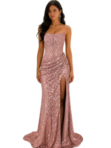 Sparkly Sequin Evening Dress Strapless Corset Prom Dress Mermaid Pleated Long Cocktail Gown with Slit Dusty Pink
