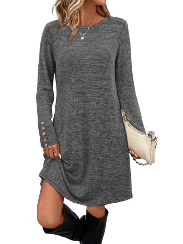 OFEEFAN Sweater Dresses Fall Dress Tunic Long Sleeve Dress for Women Casual Winter Dresses for Women 2026 Dark Grey S
