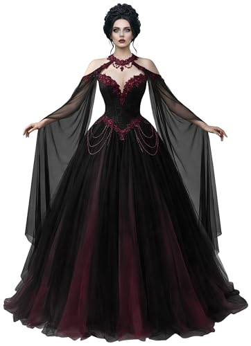 Mauuwy Dark Burgundy and Black Wedding Dress with Cape Victorian Dress