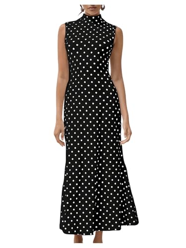 Milumia Women's Polka Dots Maxi Tank Dress Vintage Mock Neck Long Dresses