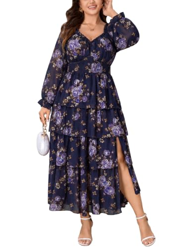 Plus Size Fall Wedding Guest Dress for Women Long Sleeve Floral Maxi Dress | Sweetheart Neck, Smocked Waist, Tiered Ruffle Dress and Side Slit, Fall Weddings, Church, Cocktail Parties And Date Nights
