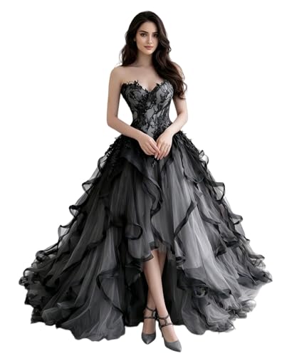 Dydsz Gothic Silver Prom Dress for Women High Low Evening Formal Gown 4 | Strapless Ruffle Wedding Guest Dress,Gothic Style Black Appliques Wedding Dresses,Corset Masquerade Party Ball Gown