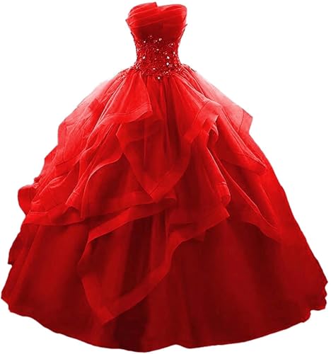Red Quinceanera Dresses Ball Gown Poofy Women Sweatheart Lace Tulle Beaded for Women Formal