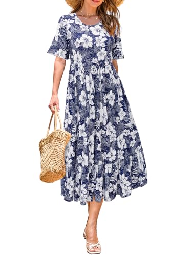 STYLEWORD Women's Summer 2025 Casual Short Sleeve Tiered Flowy Spring Dress Long Midi Beach Sundress Vacation Outfits(Floral05,XL)