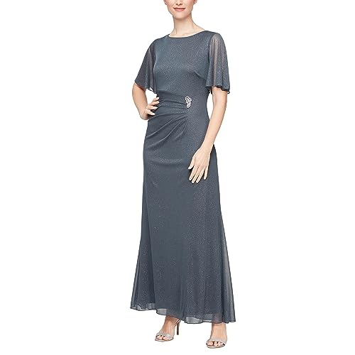 S.L. Fashions Women's Formal Long Glitter Mesh Stretch Embellished Waist, Mother of Bride Dress, (Petite and Regular Sizes), Smoke, 14P