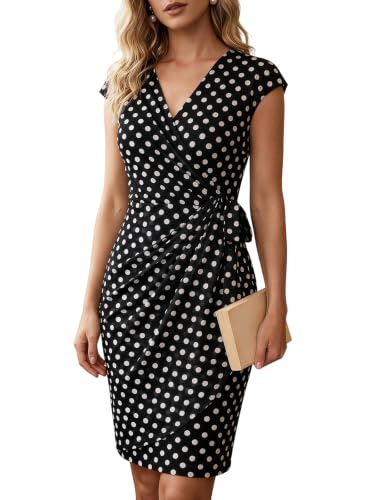 Berydress Women's Faux Black Polka Dot Wrap Dress for Casual Business Work