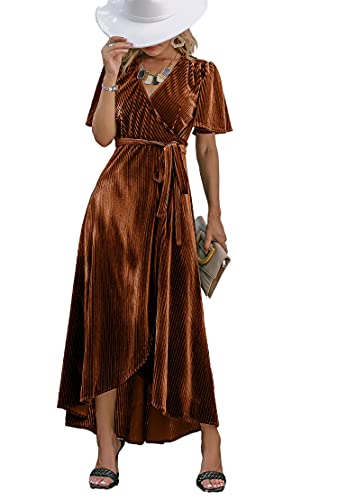 BerryGo Women's Formal Velvet Wrap Dress V Neck Cocktail Short Sleeve Swing Long Nye Maxi Dress Earthy Orange 14